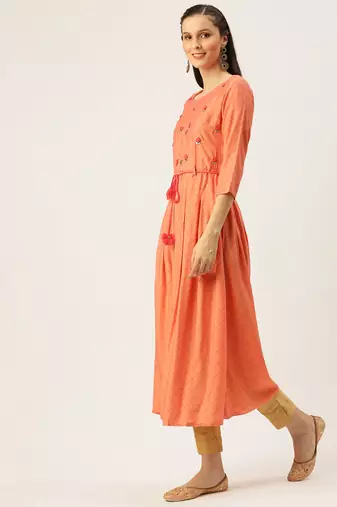women's ankle length round neck peach embellished a-line kurta