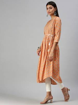 women's calf length round neck orange floral a-line kurta 2
