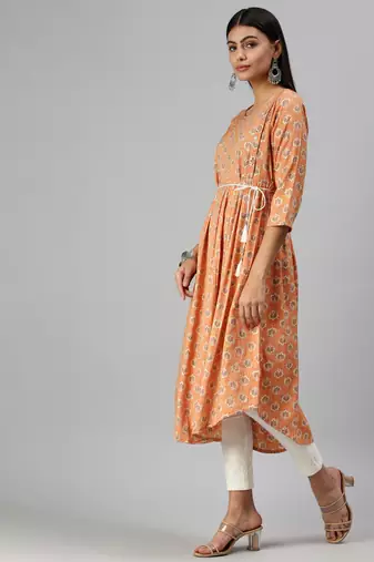 women's calf length round neck orange floral a-line kurta