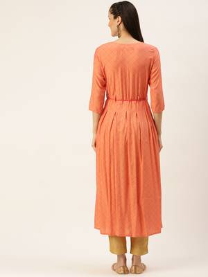 women's ankle length round neck peach embellished a-line kurta 3