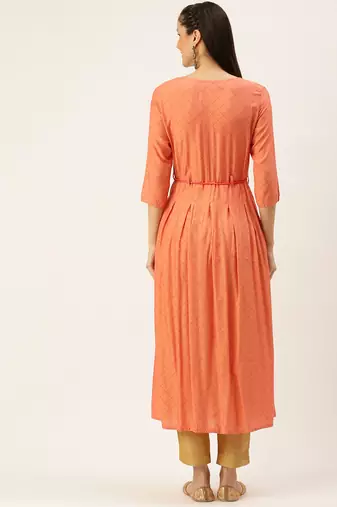 women's ankle length round neck peach embellished a-line kurta