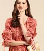 women's calf length v-neck coral geometric anarkali kurta