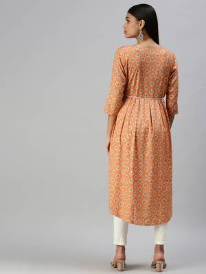 women's calf length round neck orange floral a-line kurta 3