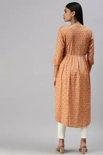 women's calf length round neck orange floral a-line kurta