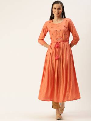women's ankle length round neck peach embellished a-line kurta 4