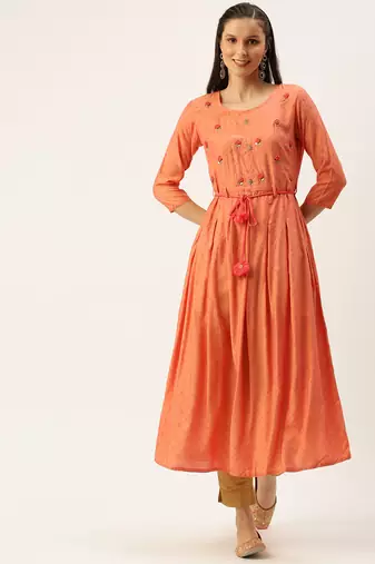 women's ankle length round neck peach embellished a-line kurta
