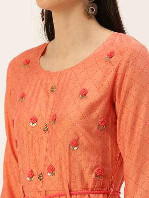 women's ankle length round neck peach embellished a-line kurta 5