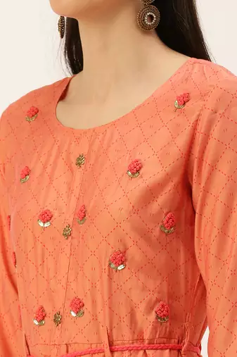 women's ankle length round neck peach embellished a-line kurta