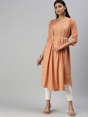 women's calf length round neck orange floral a-line kurta 4