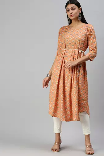 women's calf length round neck orange floral a-line kurta