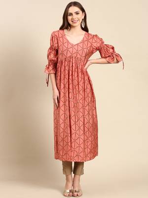 women's calf length v-neck coral geometric anarkali kurta 2