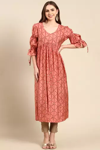 women's calf length v-neck coral geometric anarkali kurta