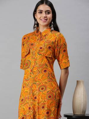 women's calf length shirt collar yellow quirky straight kurta 1