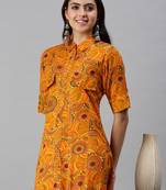 women's calf length shirt collar yellow quirky straight kurta