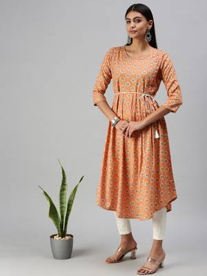 women's calf length round neck orange floral a-line kurta 5