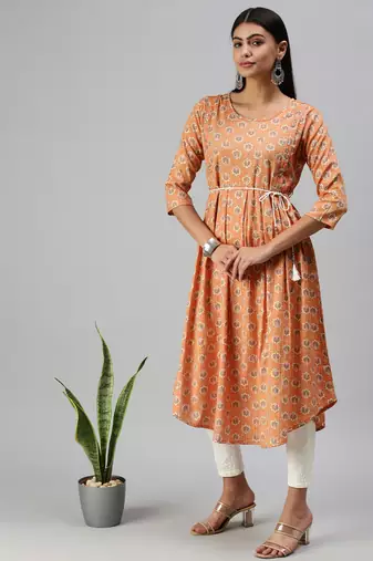 women's calf length round neck orange floral a-line kurta