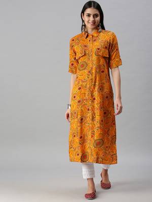 women's calf length shirt collar yellow quirky straight kurta 2