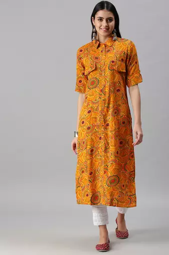 women's calf length shirt collar yellow quirky straight kurta