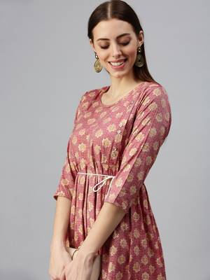 women's calf length round neck rust floral a-line kurta 1