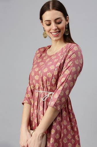 women's calf length round neck rust floral a-line kurta
