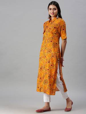 women's calf length shirt collar yellow quirky straight kurta 3