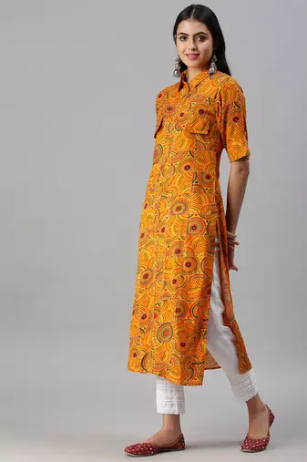 women's calf length shirt collar yellow quirky straight kurta