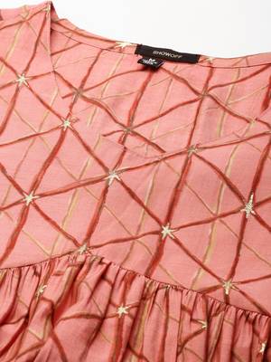 women's calf length v-neck coral geometric anarkali kurta 3