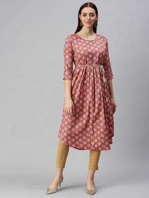 women's calf length round neck rust floral a-line kurta 2