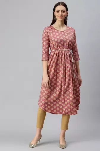 women's calf length round neck rust floral a-line kurta