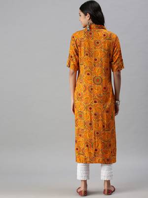 women's calf length shirt collar yellow quirky straight kurta 4