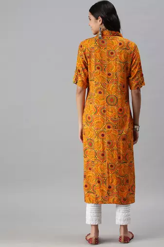 women's calf length shirt collar yellow quirky straight kurta