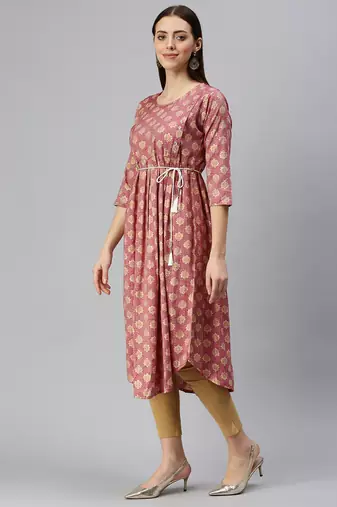 women's calf length round neck rust floral a-line kurta