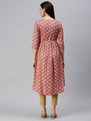 women's calf length round neck rust floral a-line kurta 4