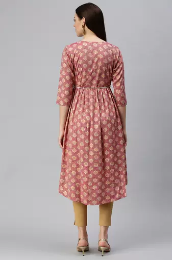 women's calf length round neck rust floral a-line kurta