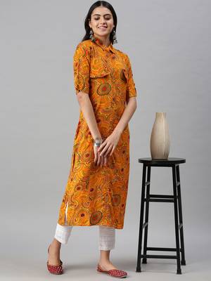 women's calf length shirt collar yellow quirky straight kurta 5