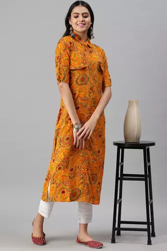 women's calf length shirt collar yellow quirky straight kurta