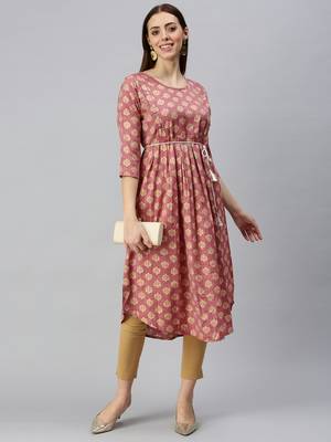 women's calf length round neck rust floral a-line kurta 5
