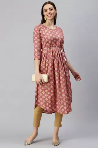 women's calf length round neck rust floral a-line kurta