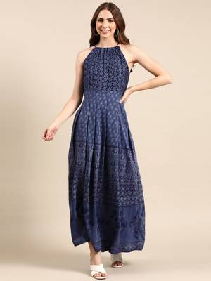Showoff women's ankle length halter neck navy blue ethnic motifs anarkali kurta 1
