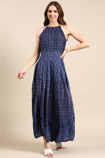 Showoff women's ankle length halter neck navy blue ethnic motifs anarkali kurta