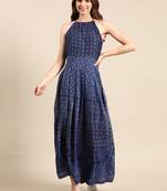 Showoff women's ankle length halter neck navy blue ethnic motifs anarkali kurta