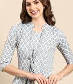 women's knee length mandarin collar blue geometric a-line kurta