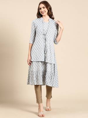 women's knee length mandarin collar blue geometric a-line kurta 2