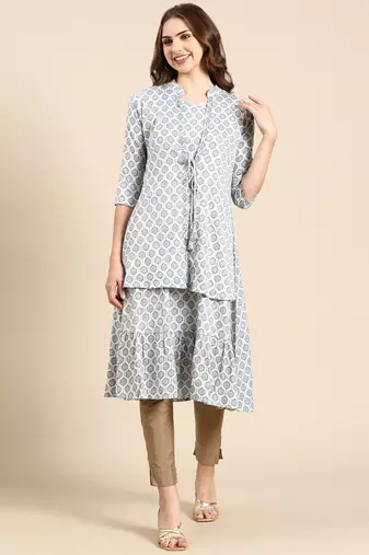women's knee length mandarin collar blue geometric a-line kurta