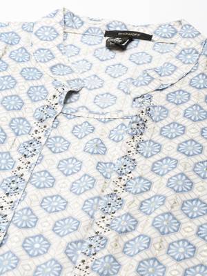 women's knee length mandarin collar blue geometric a-line kurta 3