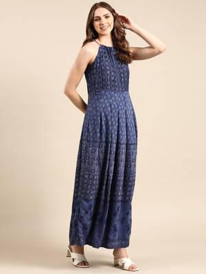 Showoff women's ankle length halter neck navy blue ethnic motifs anarkali kurta 4