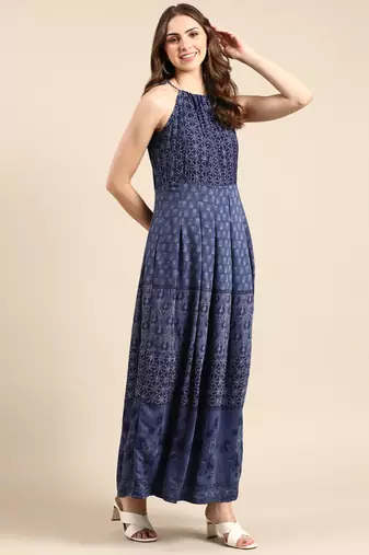 Showoff women's ankle length halter neck navy blue ethnic motifs anarkali kurta