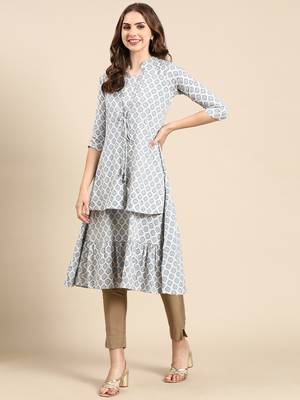 women's knee length mandarin collar blue geometric a-line kurta 4