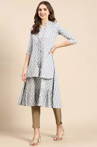 women's knee length mandarin collar blue geometric a-line kurta