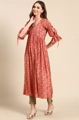 women's calf length v-neck coral geometric anarkali kurta